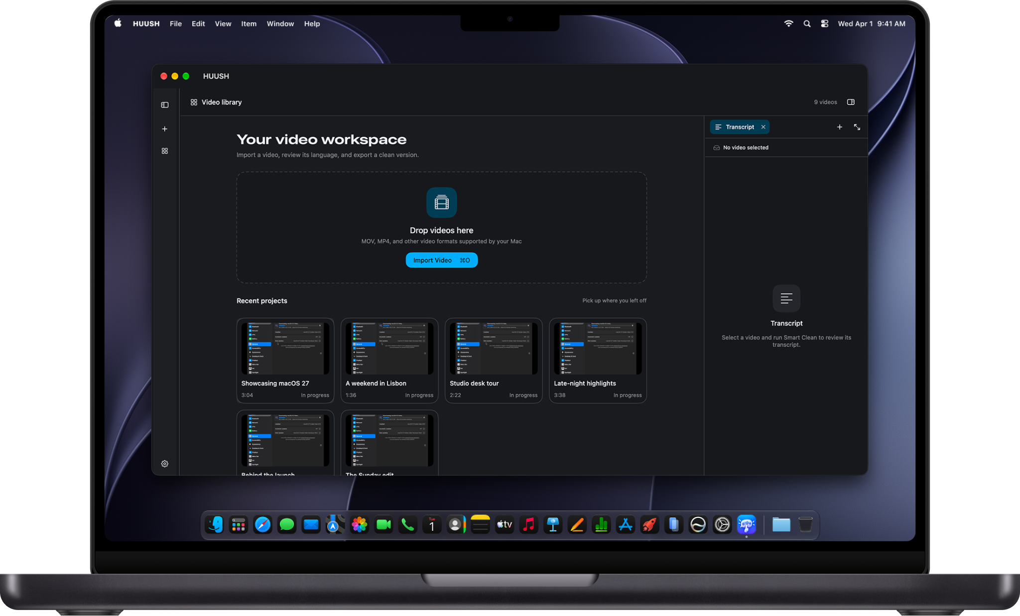 The HUUSH video library with its import area and recent projects